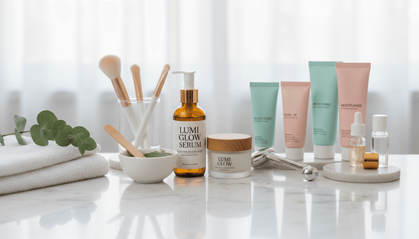 Neatly arranged assortment of beauty product bottles on a clean counter
