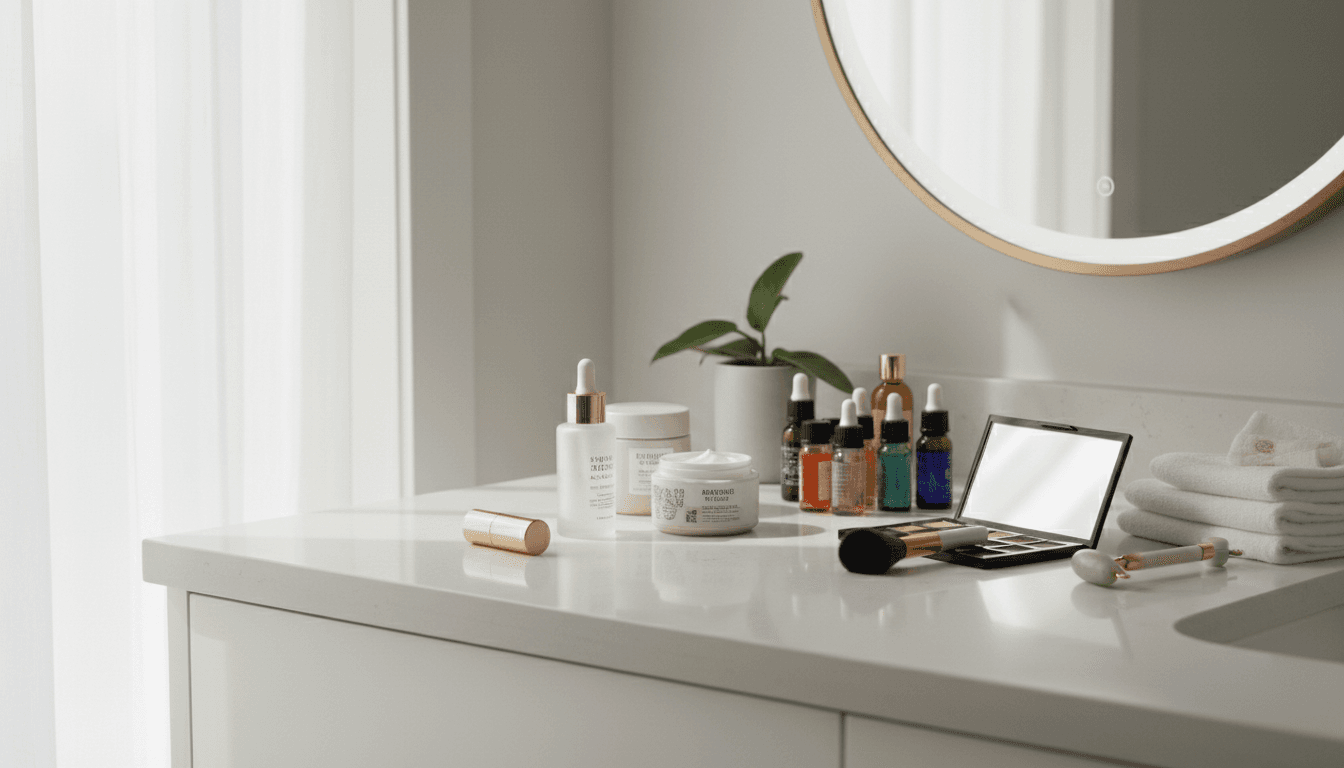 Selection of beauty products arranged neatly on a clean bathroom counter