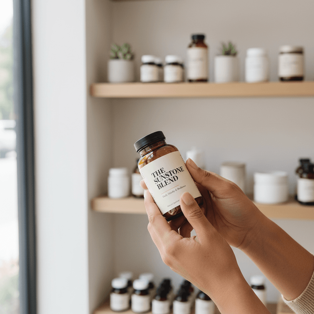 Hands inspecting a skincare product bottle