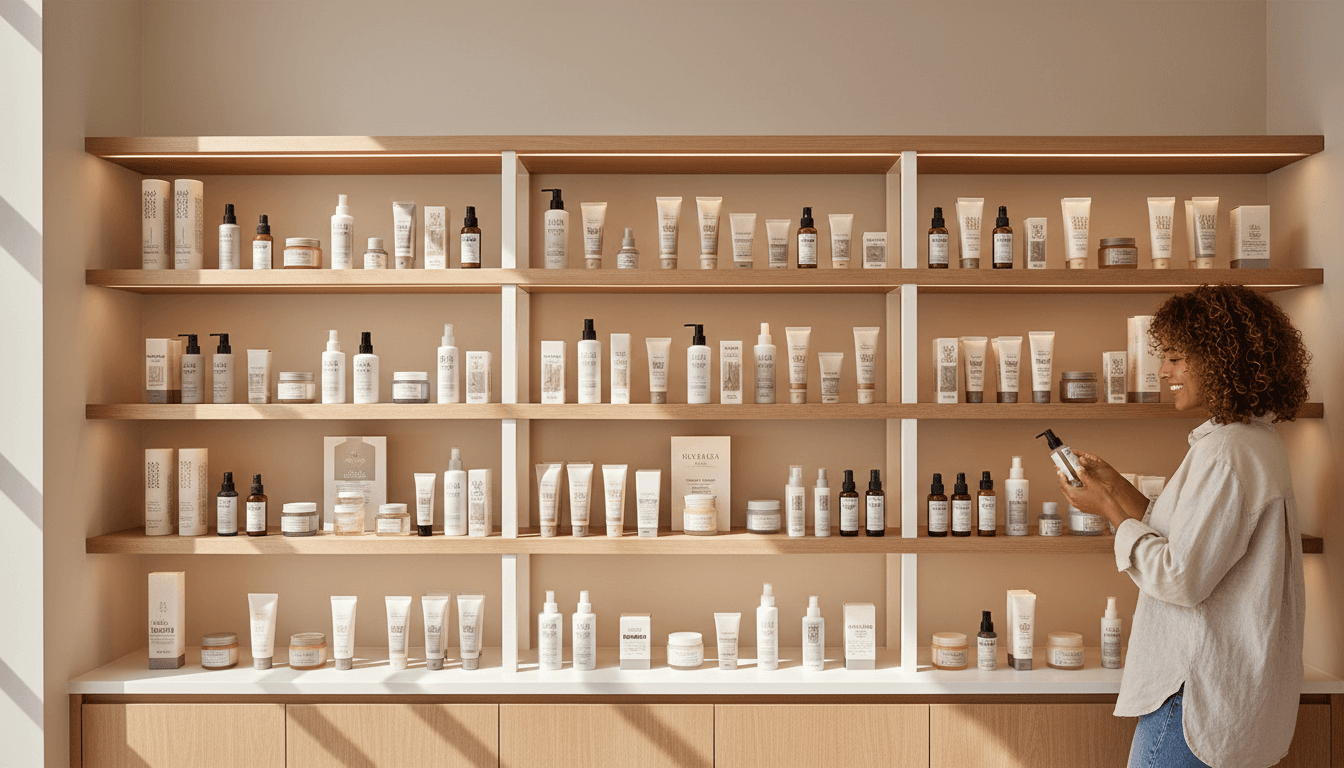 Assorted beauty products arranged neatly on a clean display shelf with soft lighting