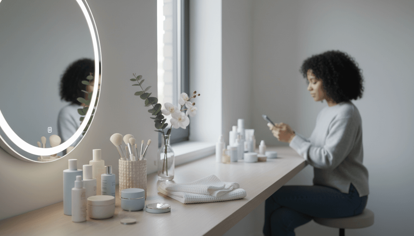 Neatly arranged bottles of skincare products on a white bathroom counter