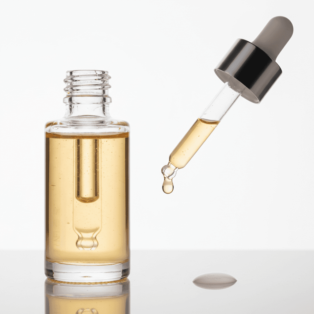 Amber glass dropper bottle of face serum on a clean white table