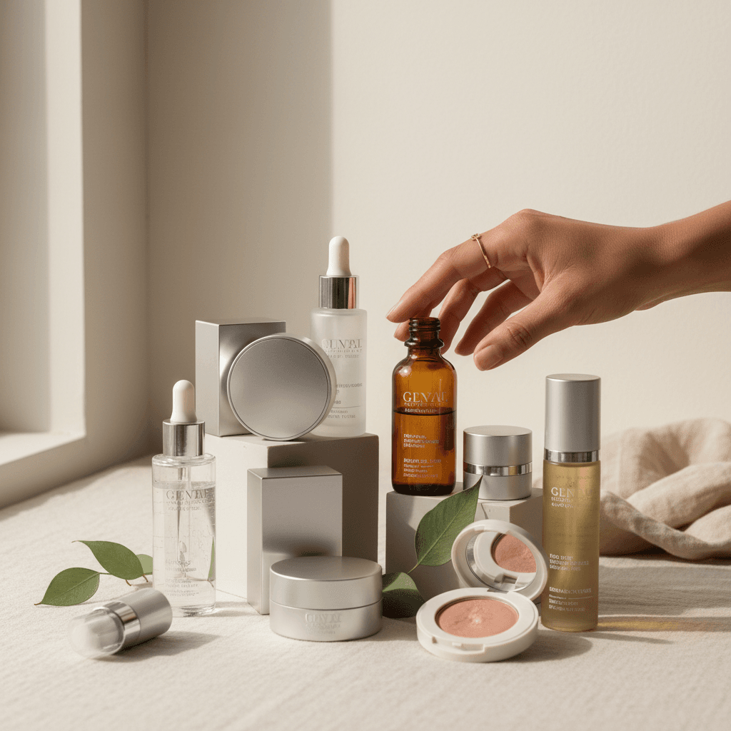 Assorted beauty product bottles arranged neatly