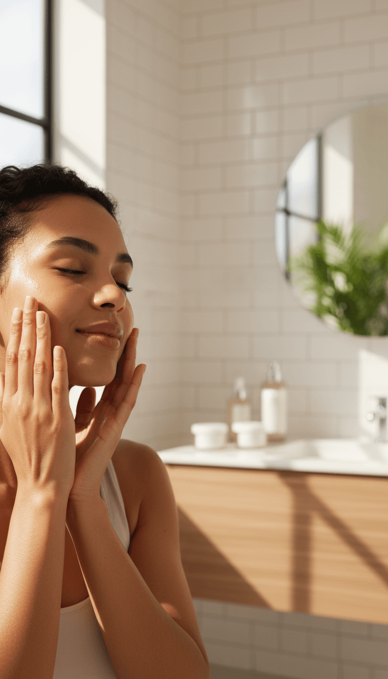 Woman applying face cream with cotton pad in a bright bathroom