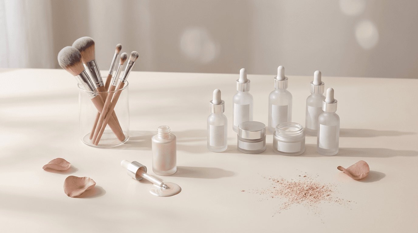 Soft blurred background of beauty products on a clean white shelf