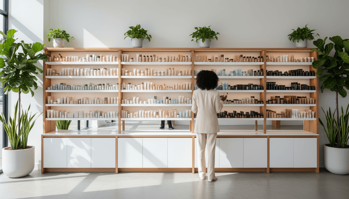 Assorted beauty product bottles on a clean white shelf