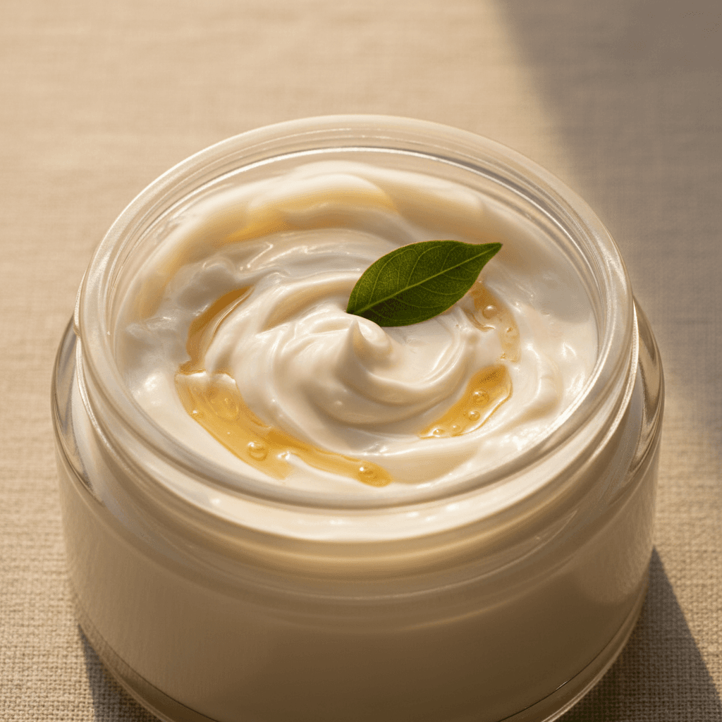 White moisturizer jar on a minimalist bathroom shelf