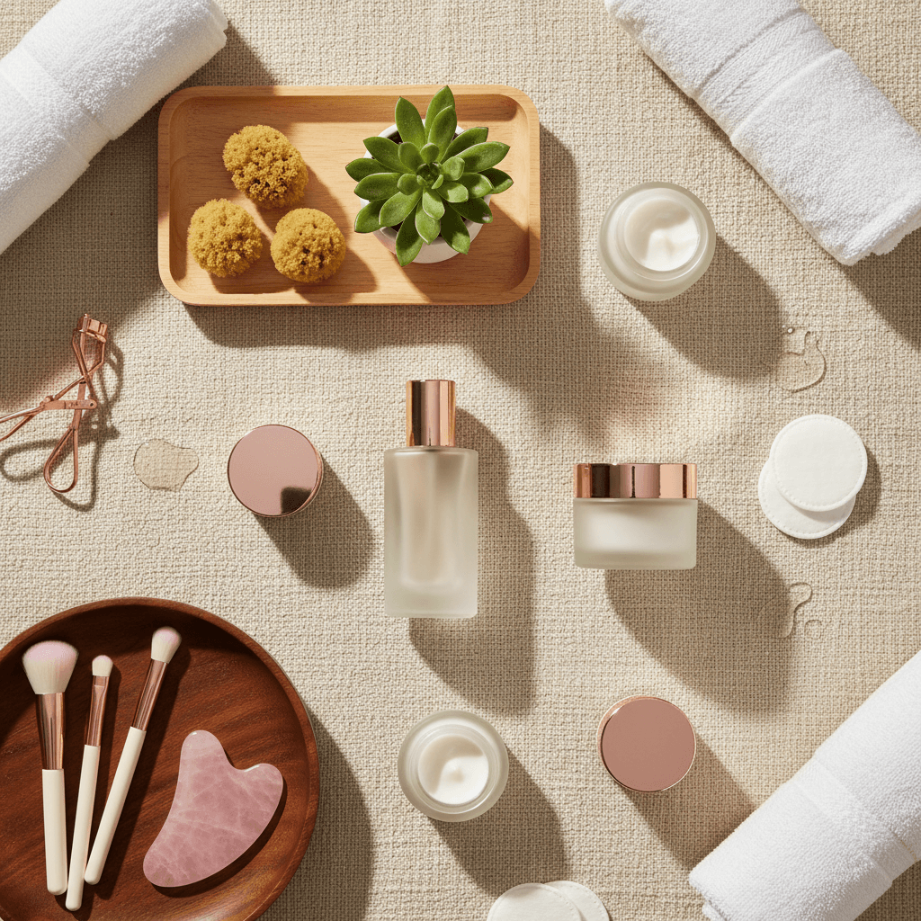 Flat lay of beauty products on a towel with natural light