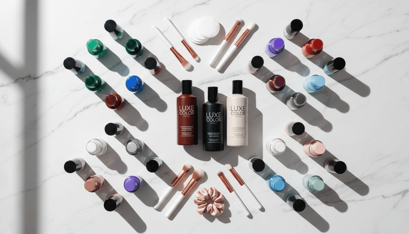 Assorted beauty products arranged neatly on a clean white surface